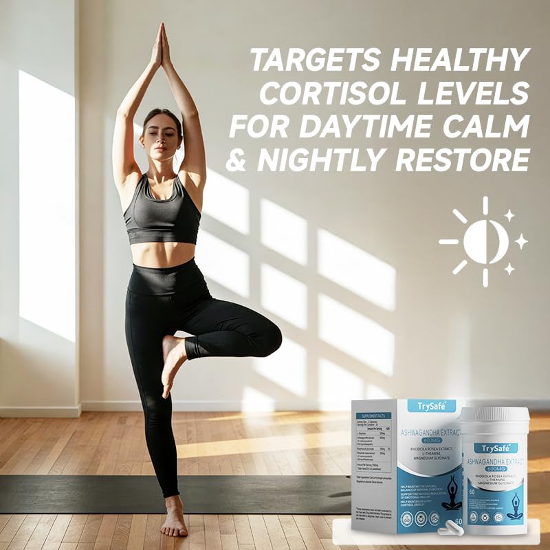 TrySafe 1100MG Cortisol Supplements for Women and Man with 600MG Ashwagandha, 200MG Rhodiola Rosea, 200MG L-Theanine, 100MG Magnesium Glycinate | for Healthy Stress Response*, Mood* TrySafeBuy Supplements Australia