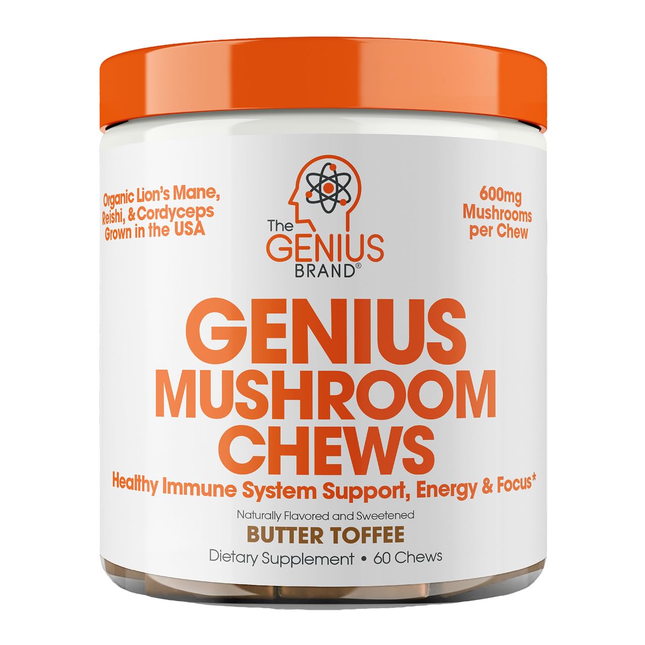 The Genius Brand Genius Mushroom - Plant-Based Supplement for Immune, Focus & Energy Support - Lion's Mane, Cordyceps & Reishi - Organic & Non-GMO - Butter Toffee - 60 Soft Chews The Genius BrandBuy Supplements Australia