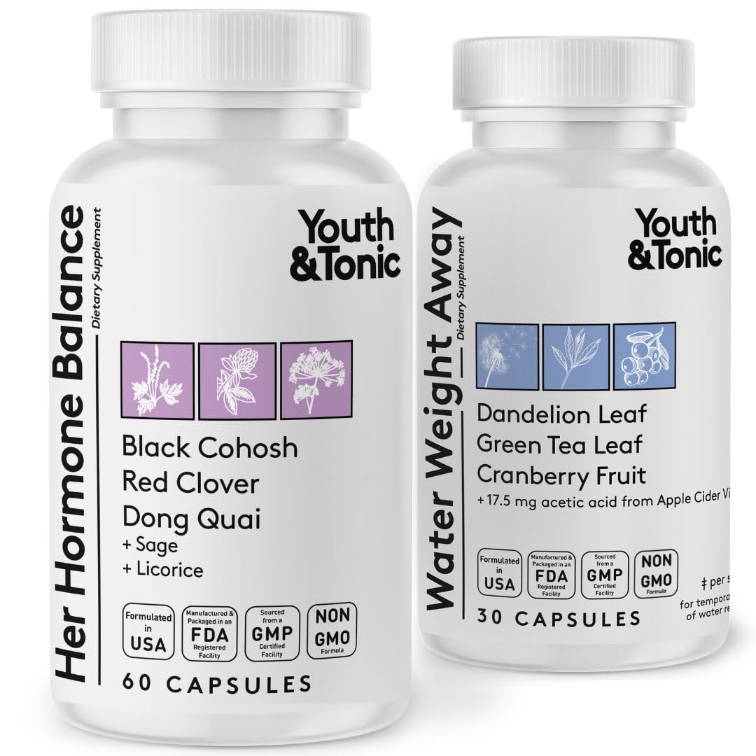 Youth & Tonic PMS & Menopause Bloating Relief Duo – Support for Puffiness, Hormonal Balance & Fluid Retention – Her Hormone Balance + Water Weight Away Natural Herbs for Women, 90 Capsules Youth & TonicBuy Supplements Australia
