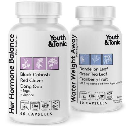 Youth & Tonic PMS & Menopause Bloating Relief Duo – Support for Puffiness, Hormonal Balance & Fluid Retention – Her Hormone Balance + Water Weight Away Natural Herbs for Women, 90 Capsules Youth & TonicBuy Supplements Australia