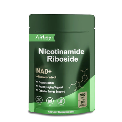 Green supplement package labeled 'Airboy Nicotinamide Riboside' on a white background