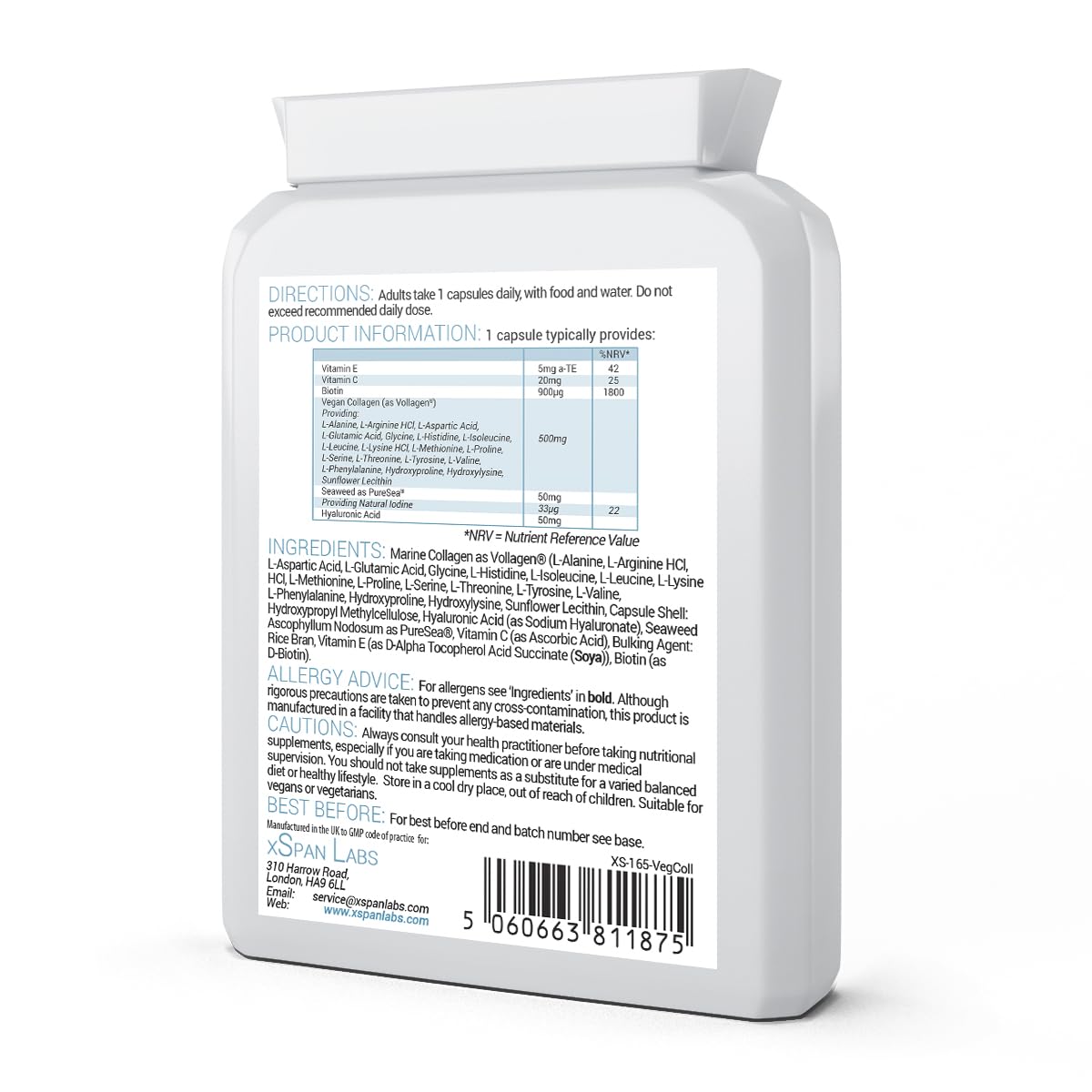 Vegan Collagen & Hyaluronic Acid Complex - 60 Capsules - Effective Skin, Hair & Nails Formula Xspan LabsBuy Supplements Australia