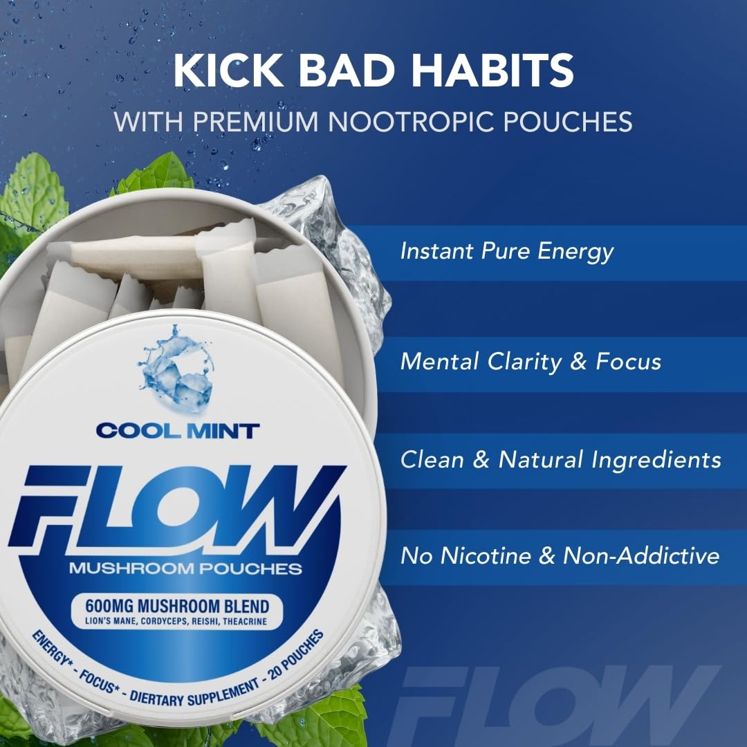 Flow Pouches Mushroom Nootropic Pouches - 600mg Organic Mushroom Energy Ultra Pouches with Lion's Mane, Reishi, Cordyceps for Focus & Clean Energy - Zero Caffeine or Sugar (5 Can Pack, Cool Mint) Flow PouchesBuy Supplements Australia