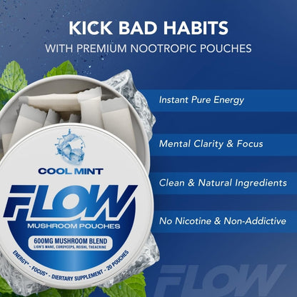 Flow Pouches Mushroom Nootropic Pouches - 600mg Organic Mushroom Energy Ultra Pouches with Lion's Mane, Reishi, Cordyceps for Focus & Clean Energy - Zero Caffeine or Sugar (5 Can Pack, Cool Mint) Flow PouchesBuy Supplements Australia