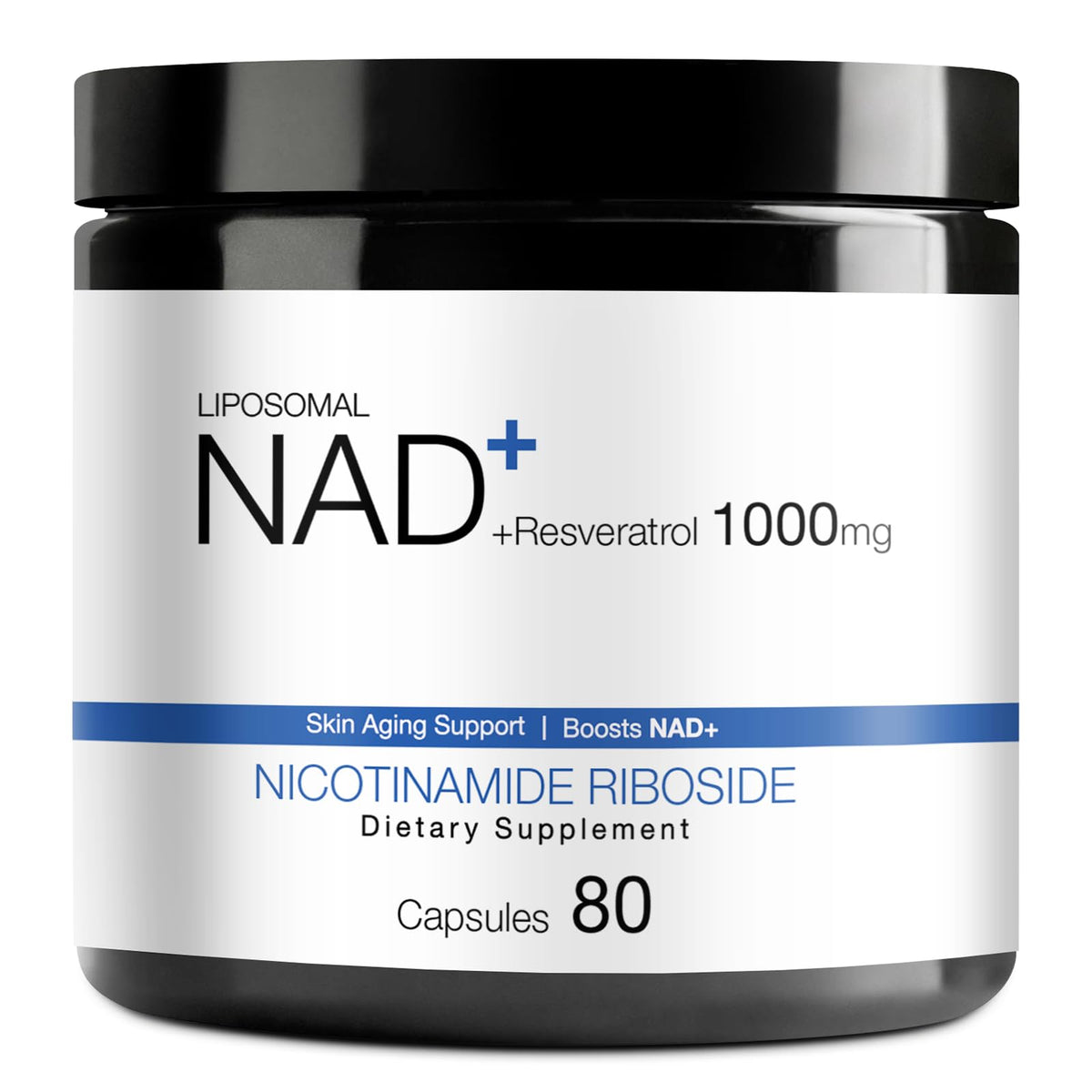 Supplement container labeled 'Liposomal NAD+ Resveratrol 1000mg' on a white background