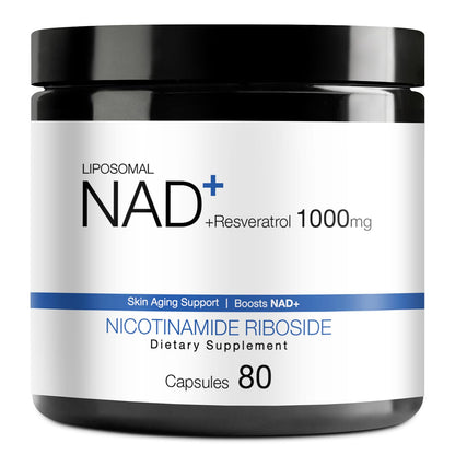 Supplement container labeled 'Liposomal NAD+ Resveratrol 1000mg' on a white background