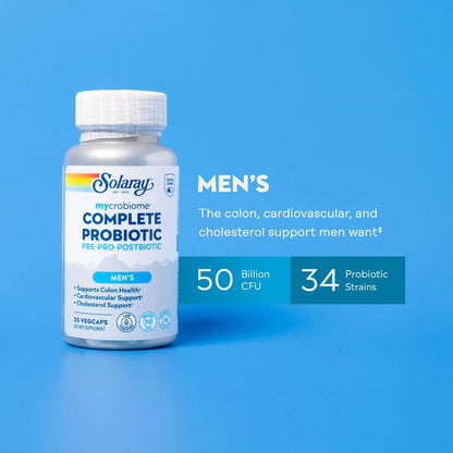 SOLARAY Mycrobiome Complete Probiotic Men's Formula - Pre and Probiotics for Men Plus Postbiotic - Digestive Health and Immune Support - 50 Billion CFU, 26 Strains - Vegan - 30 Servings, 30 VegCaps SOLARAYBuy Supplements Australia
