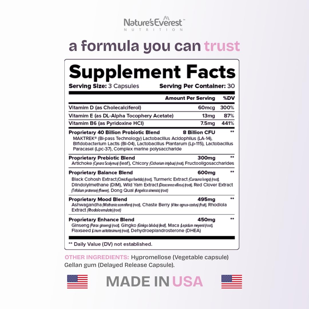 Complete Menopause Supplement for Women – Supports Hormone Balance, Hot Flashes, Night Sweats & Mood – with DIM, Black Cohosh, Dong Quai, Chasteberry, Pre & Probiotics – 90 Capsules – Made in USA Nature's EverestBuy Supplements Australia