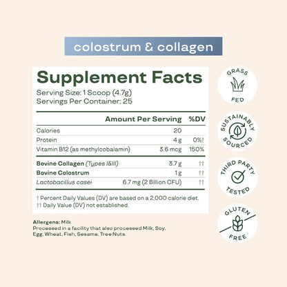 Bloom Nutrition Bovine Colostrum Powder with Vitamin B-12 for Gut Health, Immune Support, Hair Growth & Beauty Supplement | Unflavored, 25 Servings