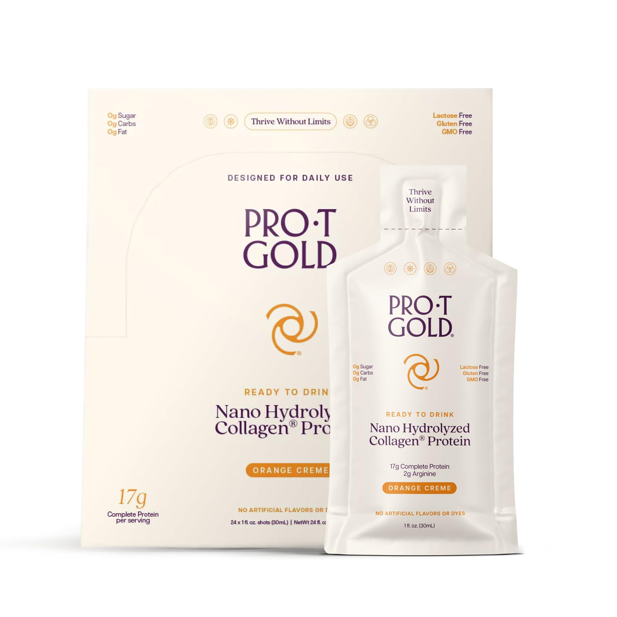 ProT Gold Liquid Collagen Protein Shot, 17g Clear Protein Nano-Hydrolyzed Grass Fed Collagen, 2g Arginine for Wound Support, Gluten Free, Sugar Free, 0g Carbs, Orange Creme, 1 fl oz, 24 Pack ProT GoldBuy Supplements Australia