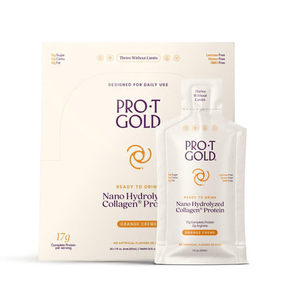 ProT Gold Liquid Collagen Protein Shot, 17g Clear Protein Nano-Hydrolyzed Grass Fed Collagen, 2g Arginine for Wound Support, Gluten Free, Sugar Free, 0g Carbs, Orange Creme, 1 fl oz, 24 Pack ProT GoldBuy Supplements Australia