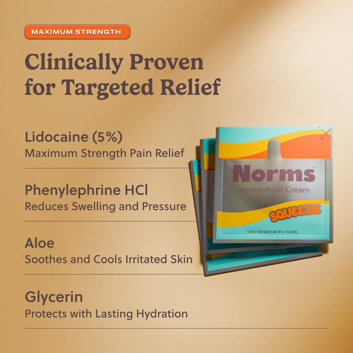 Norms Squeezies Lidocaine Hemorrhoid Cream, Discreet Single Use Travel Packets, 5% Lidocaine, Phenylephrine, Aloe and Glycerin – Numbing, Soothing & Swelling Relief On the Go, 5 Count NormsBuy Supplements Australia