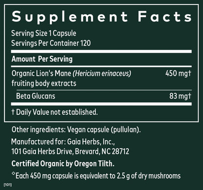 Gaia Herbs Organic Lion’s Mane Mushroom - Brain and Nerve Support Supplement Gaia HerbsBuy Supplements Australia