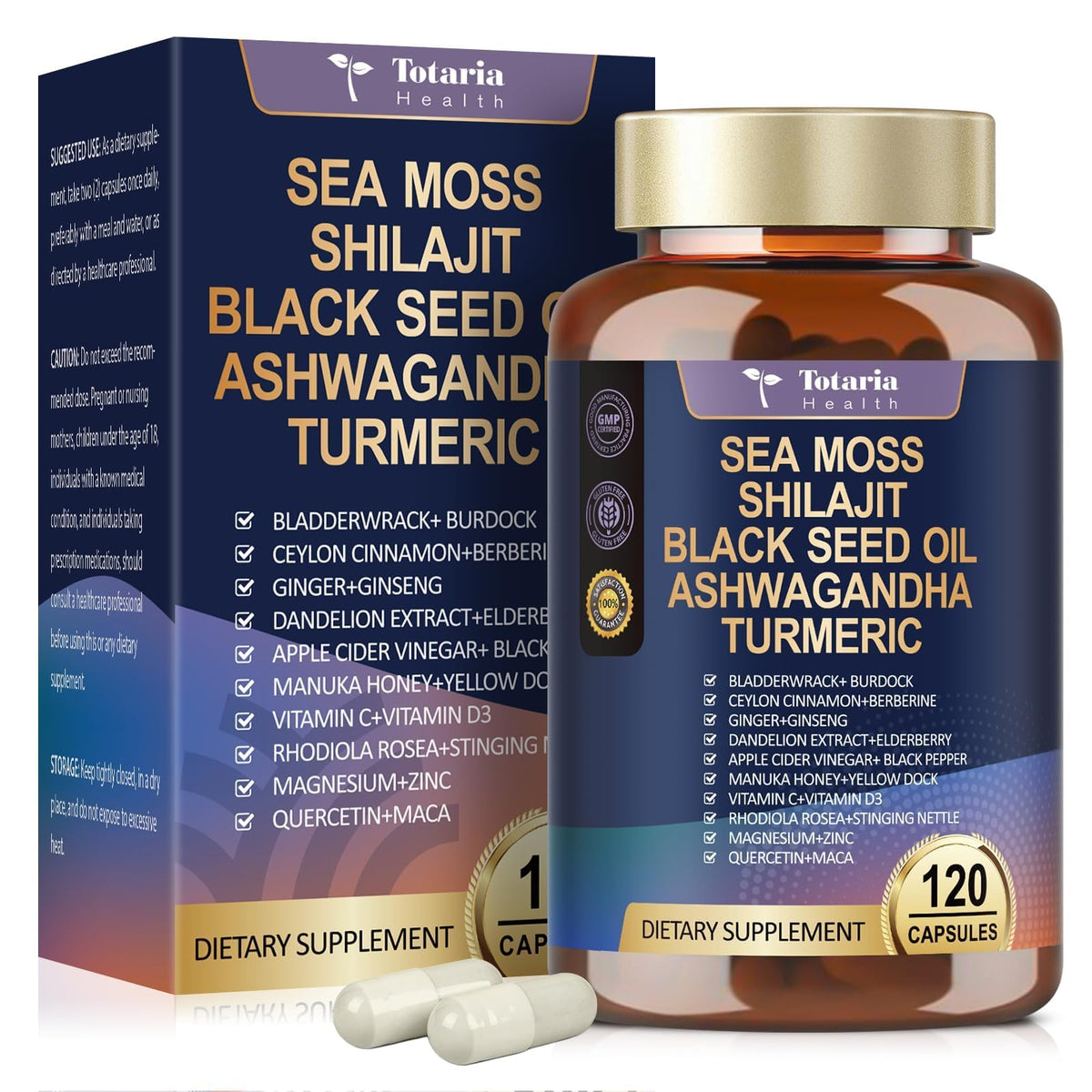 25-in-1 Sea Moss Black Seed Oil Ashwagandha Ginger Shilajit Supplement, Sea Moss Capsules Pro with Bladder Burdock Ceylon Cinnamon Berberine ACV Manuka VIT C & D3 for Men Women, 120 Vegan Caps TotariaBuy Supplements Australia
