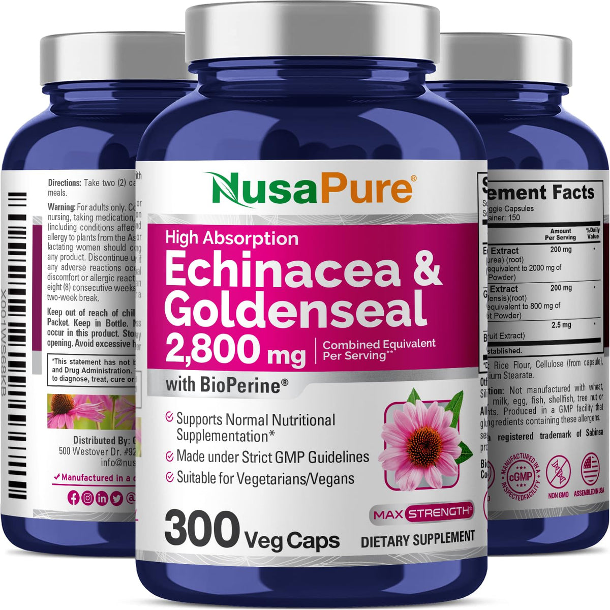 NusaPure Echinacea Goldenseal 200mg, (Extract 10:1, Equivalent to 2,000mg), 200mg, (Extract 4:1, Equivalent to 800mg) - 2800mg 300 Veggie Caps (Vegetarian, Non-GMO, Vegan) NusaPureBuy Supplements Australia