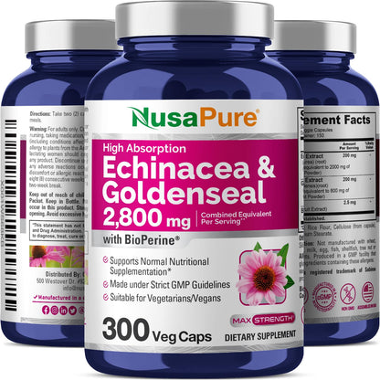 NusaPure Echinacea Goldenseal 200mg, (Extract 10:1, Equivalent to 2,000mg), 200mg, (Extract 4:1, Equivalent to 800mg) - 2800mg 300 Veggie Caps (Vegetarian, Non-GMO, Vegan) NusaPureBuy Supplements Australia