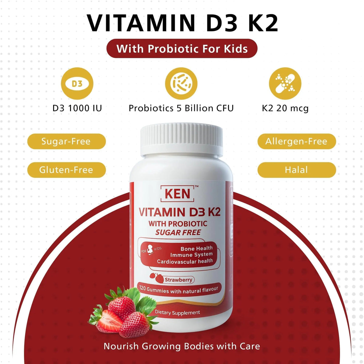KEN Vitamin D3 K2 with Probiotic for Kids, Sugar-Free Gummies for Calcium Absorption, Bone Support, 5 Billion CFU Probiotics for Gut Balance and Immune Function KEN