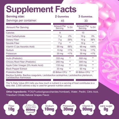 Migcopat 10G Fiber Gummies for Adults, No Sugar Added Grape Flavor, Fiber Supplement with 30 Billion CFU Probiotics Blend, ACV, Vitamin C,