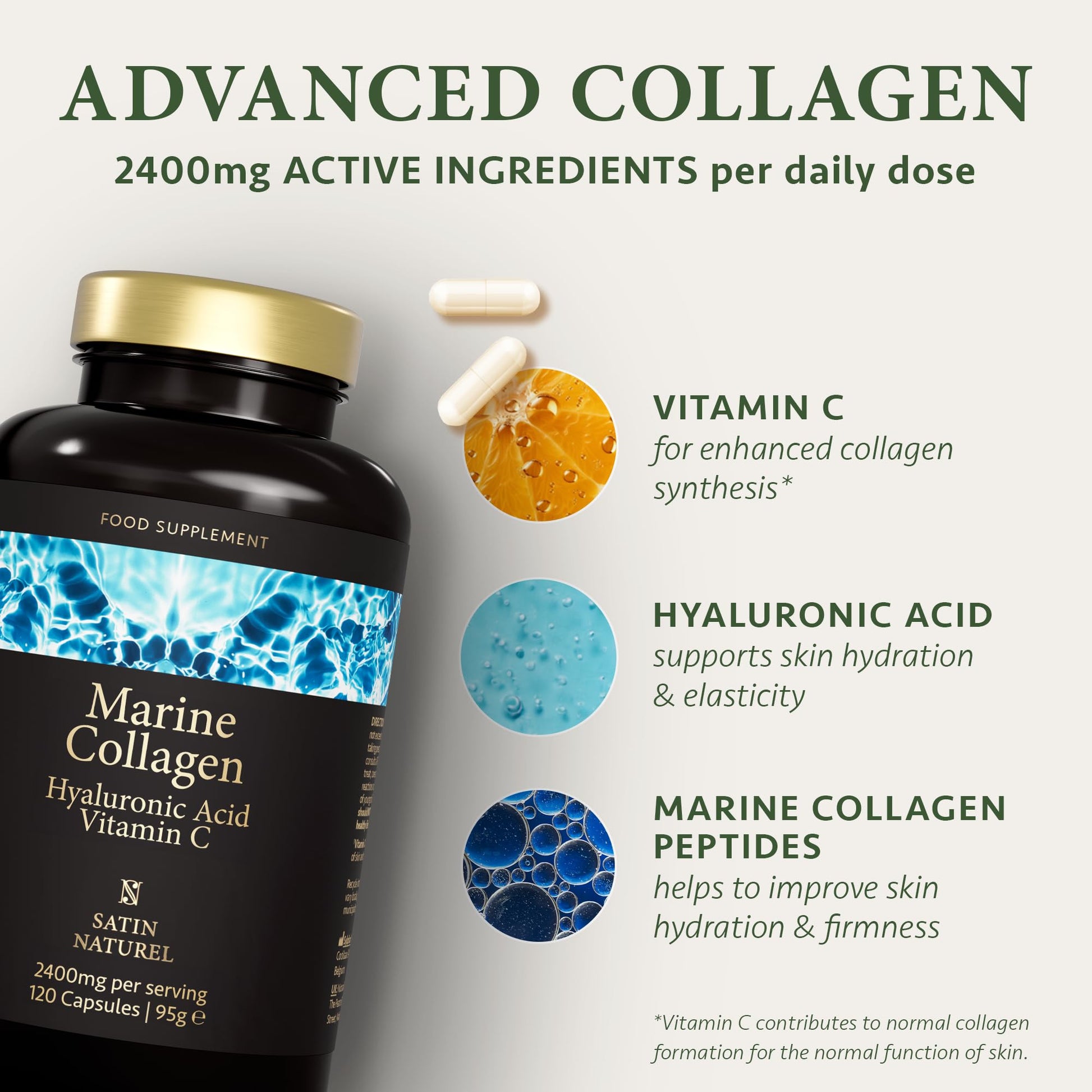 Marine Collagen Capsules with Hyaluronic Acid + Vitamin C 2400mg - High Strength Collagen SatinNaturelBuy Supplements Australia