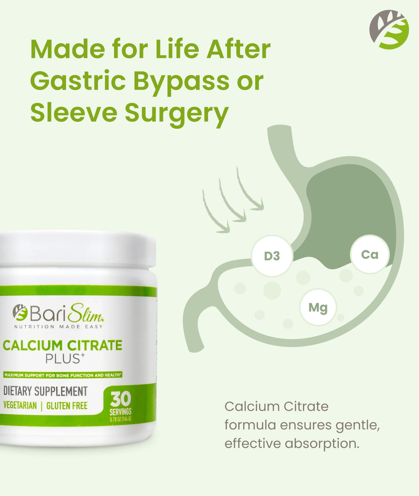 BariSlim Bariatric Calcium Citrate Plus Powder - Formulated for Patients After Weight Loss Surgery - Maximum Support for Bone Function and Health - Easy Digestion and Absorption | 600 mg (30 Servings) BariSlim buy supplements Au