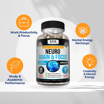 Kaya Naturals - Neuro Brain for Memory & Focus - Nootropic Energy Capsule - Nootropic Brain Support Supplement - Focus & Concentration & Learning Accuracy - Cognitive Function - 60 Count Kaya NaturalsBuy Supplements Australia