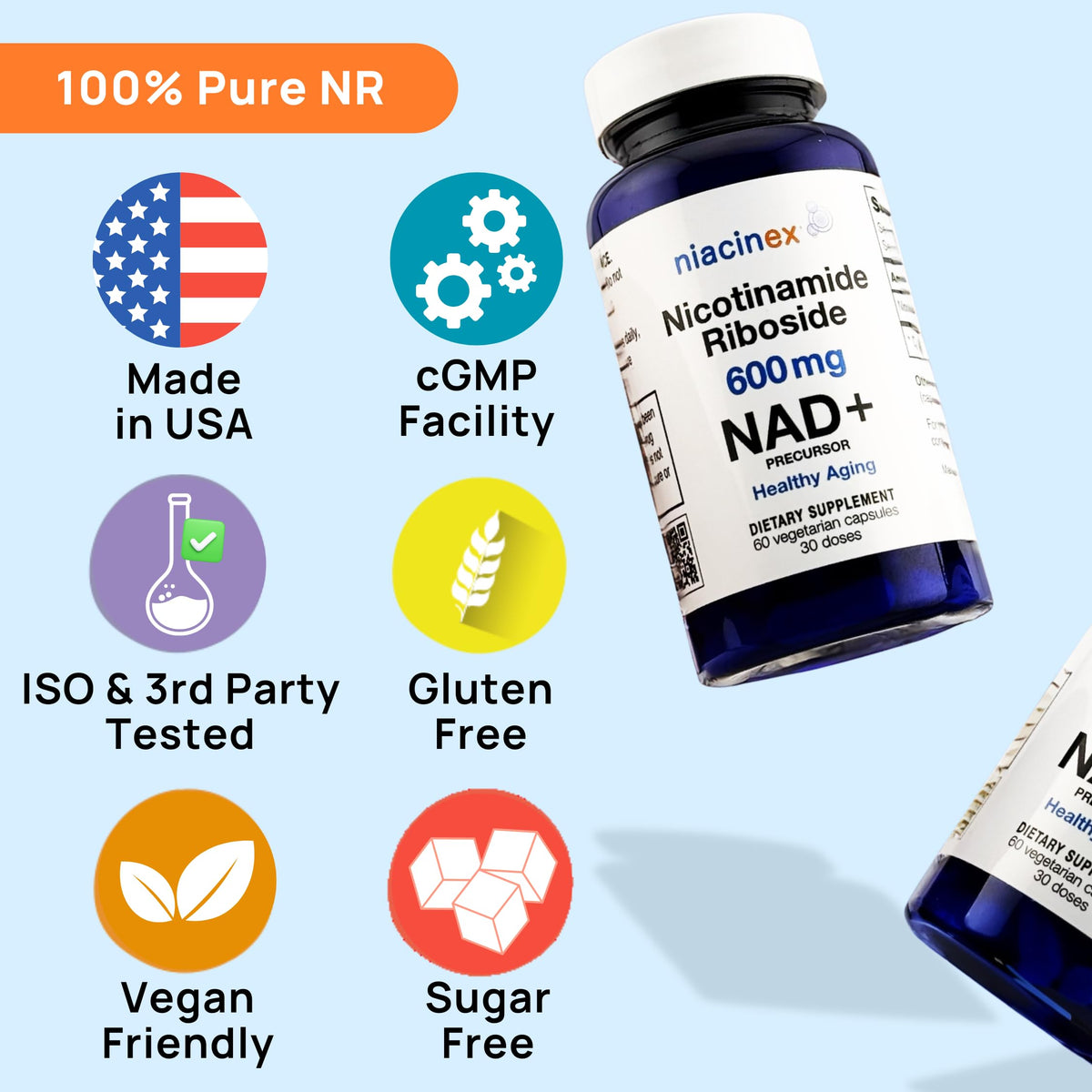 Niacinex NAD+ Supplement - 600mg Pure Nicotinamide Riboside (NR) - Healthy Aging, Mental Clarity & Energy Booster - Cell Regeneration Supplements for Women and Men - 60 NAD Plus Capsules - Made in USA NiacinexBuy Supplements Australia