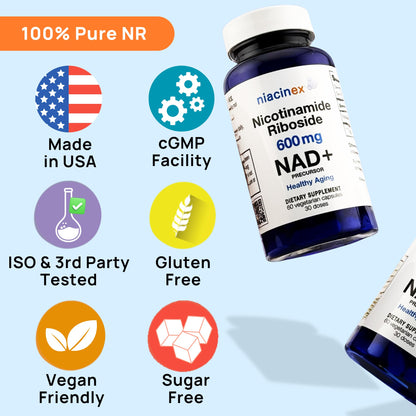 Niacinex NAD+ Supplement - 600mg Pure Nicotinamide Riboside (NR) - Healthy Aging, Mental Clarity & Energy Booster - Cell Regeneration Supplements for Women and Men - 60 NAD Plus Capsules - Made in USA NiacinexBuy Supplements Australia