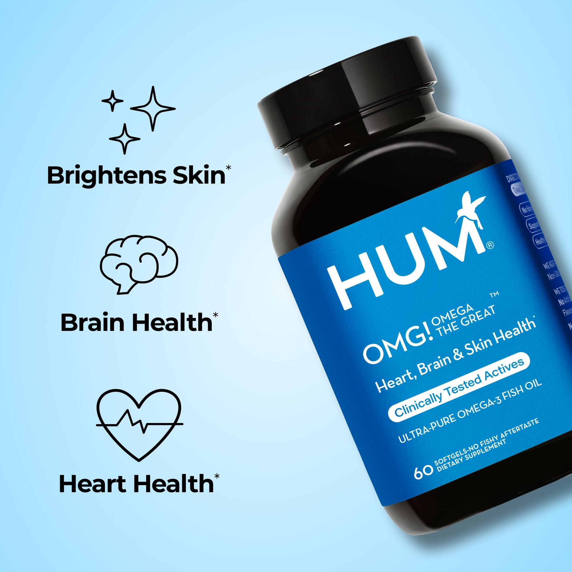 HUM OMG! Omega The Great Triple Omega 3 Fish Oil Supplement for Women & Men with Vitamin E, DHA & EPA, Skin Care & Skin Tone Support for Heart & Brain Health, Gluten Free, Non GMO, 60 Softgels HUMBuy Supplements Australia