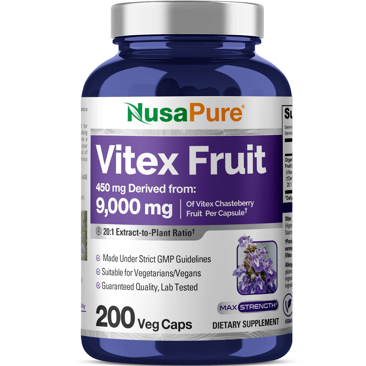 NusaPure Vitex Chasteberry Fruit 20:1 Extract, 450 mg Equivalent to 9,000 mg 200 Vegan Capsules - Non-GMO, Vegan Dietary Supplement NusaPureBuy Supplements Australia