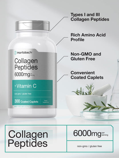 Horbäach Collagen Peptides 6000mg | 300 Caplet Pills | with Vitamin C | Hydrolyzed Collagen Supplement | Non-GMO, Gluten Free HorbäachBuy Supplements Australia