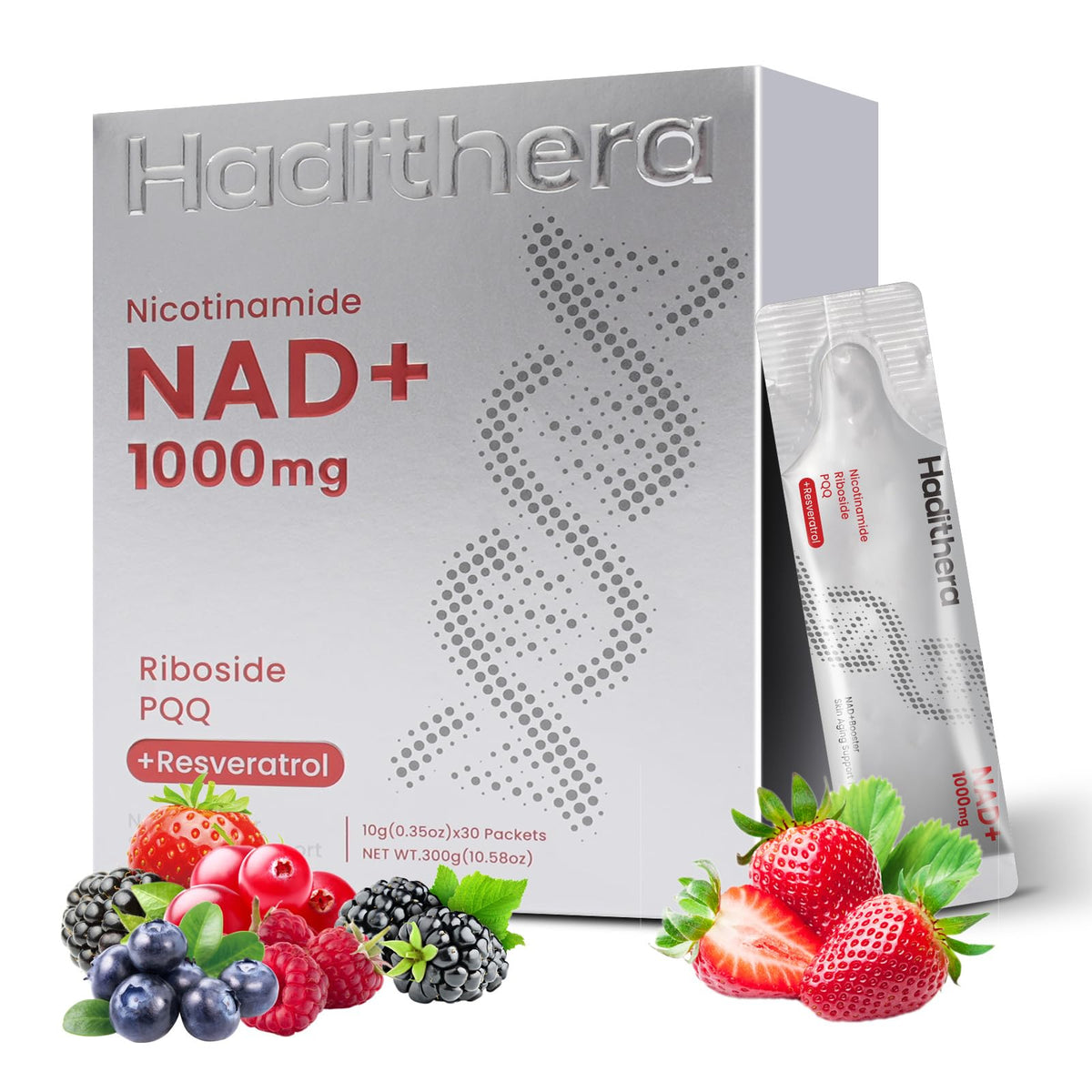 Hardithera Nicotinamide NAD+ supplement packaging with berries on a white background