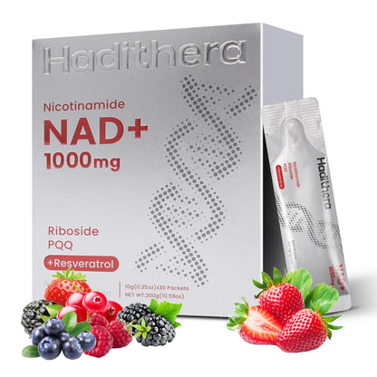 Hardithera Nicotinamide NAD+ supplement packaging with berries on a white background