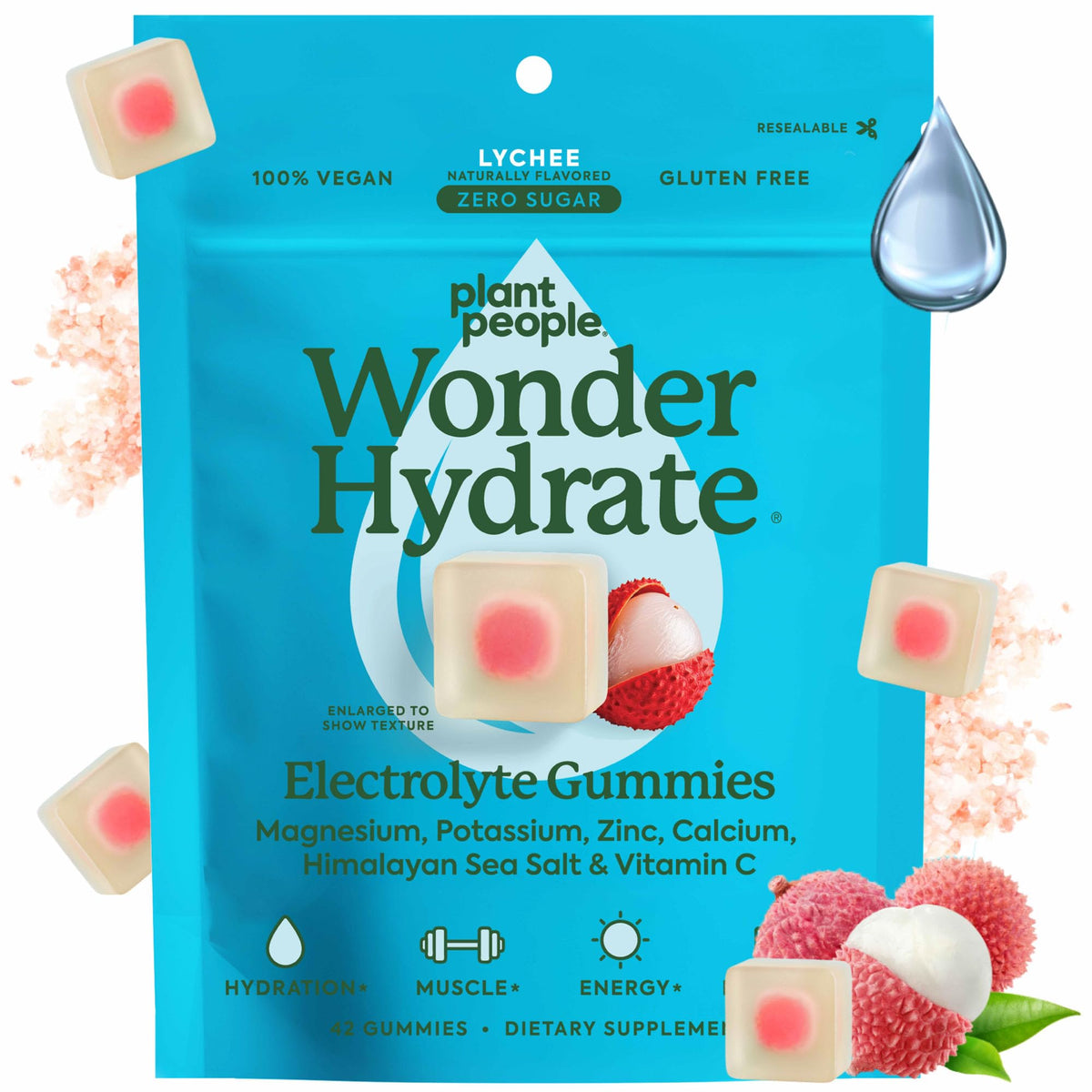 Plant People WonderHydrate Electrolyte Gummies – Vegan Hydration Supplement with Magnesium, Potassium, Zinc, Vitamin C & Himalayan Sea Salt – Zero Sugar Lychee (42 Count) Plant PeopleBuy Supplements Australia
