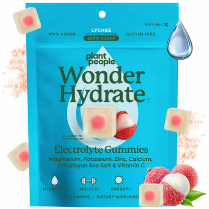 Plant People WonderHydrate Electrolyte Gummies – Vegan Hydration Supplement with Magnesium, Potassium, Zinc, Vitamin C & Himalayan Sea Salt – Zero Sugar Lychee (42 Count) Plant PeopleBuy Supplements Australia