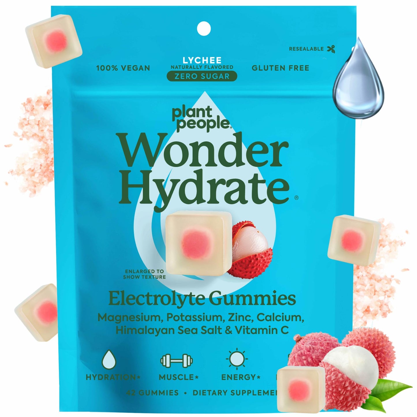 Plant People WonderHydrate Electrolyte Gummies – Vegan Hydration Supplement with Magnesium, Potassium, Zinc, Vitamin C & Himalayan Sea Salt – Zero Sugar Lychee (42 Count) Plant PeopleBuy Supplements Australia