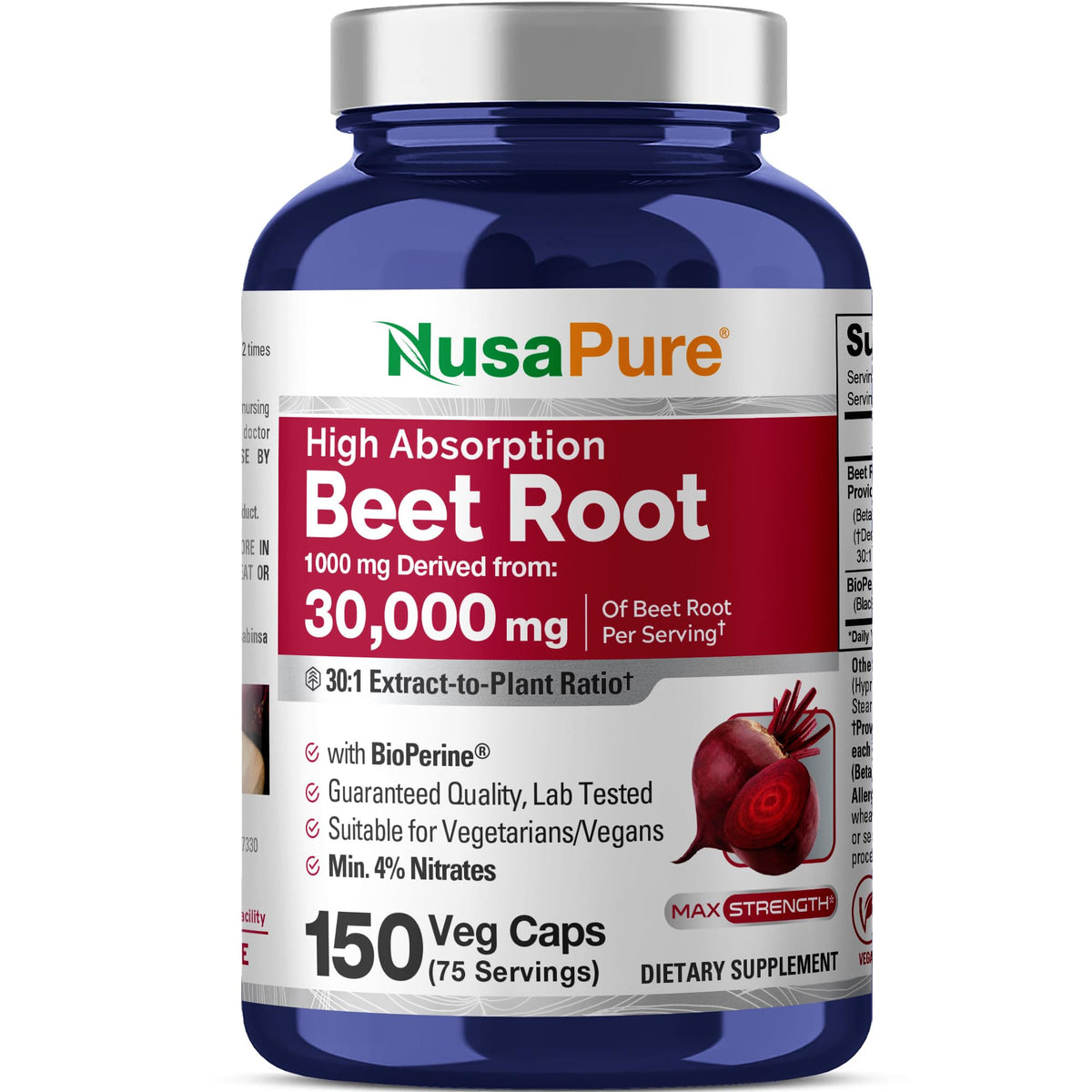 NusaPure Beet Root 30:1 Extract, 1000 mg Equivalent to 30,000 mg 150 Veggie caps (Vegan, Non-GMO & Vegan 4% Nitrates) Bioperine NusaPureBuy Supplements Australia