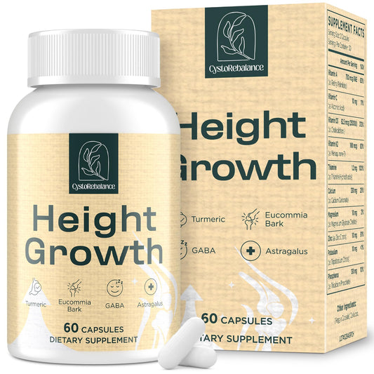 Supplement bottle and packaging labeled 'Height Growth' by OsteoRebalance.