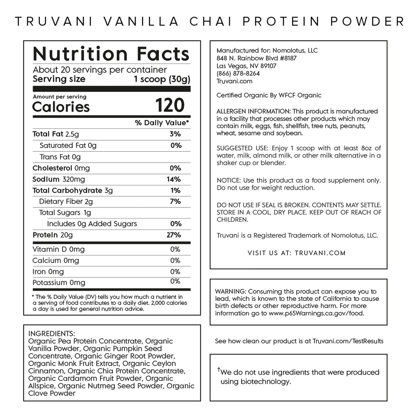 Truvani Organic Vegan Protein Powder Vanilla Chai - 20g of Plant Based Protein, Organic TruvaniBuy Supplements Australia
