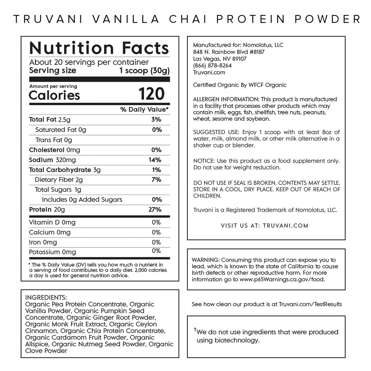 Truvani Organic Vegan Protein Powder Vanilla Chai - 20g of Plant Based Protein, Organic TruvaniBuy Supplements Australia