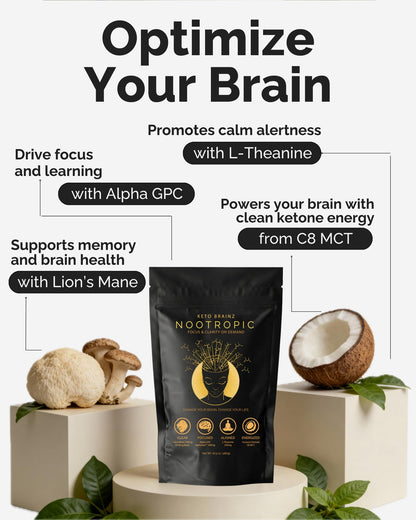 Keto Brainz C8MCT Based Nootropic - with 500mg Lion's Mane Mushroom, AlphaGPC & L-Theanine This is The Ultimate Easy to use nootropic Stack & Makes Delicious Mushroom Coffee! 16oz. 30 Servings Keto BrainzBuy Supplements Australia