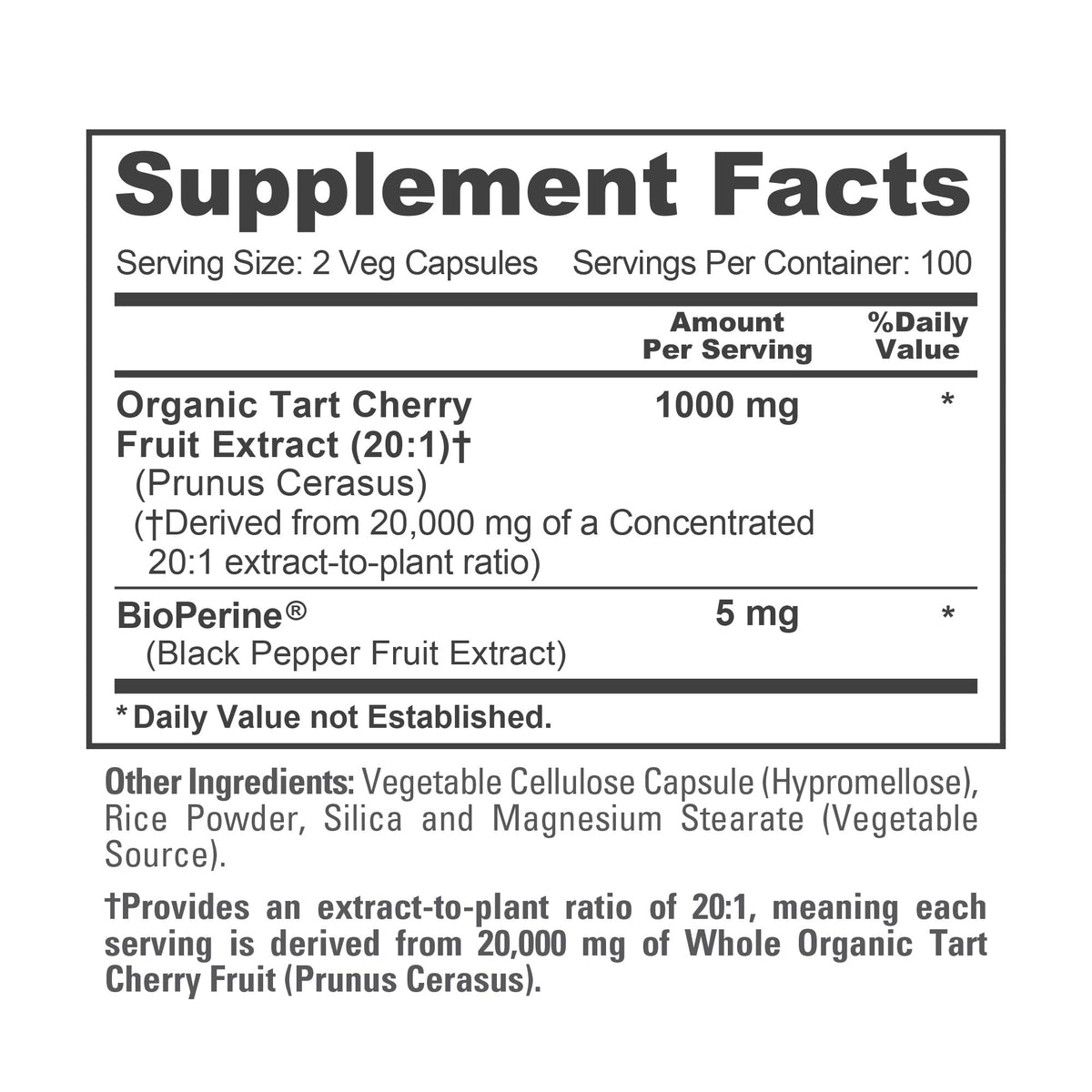 NusaPure Organic Tart Cherry 20:1 Extract, 1000 mg Equivalent to 20,000 mg 200 Veggie Caps (Vegan, Non-GMO) Bioperine NusaPureBuy Supplements Australia