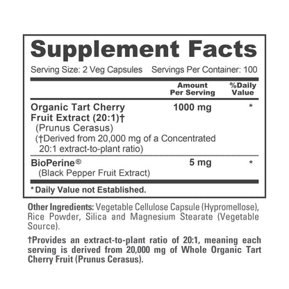 NusaPure Organic Tart Cherry 20:1 Extract, 1000 mg Equivalent to 20,000 mg 200 Veggie Caps (Vegan, Non-GMO) Bioperine NusaPureBuy Supplements Australia