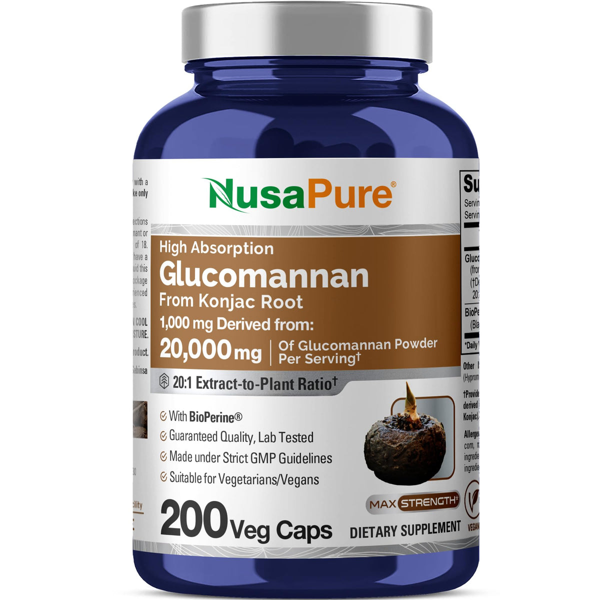 NusaPure Glucomannan 20,000 mg per Serving 200 VCaps (20:1 Extract, BioPerine Non-GMO, Vegan) Konjac Root NusaPureBuy Supplements Australia