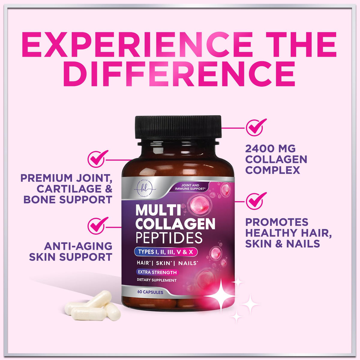 Multi Collagen Supplement 2400 mg - Types I, II, III, V & X Multi Collagen Peptides Pills for Women & Men, Hydrolyzed Collagen Supplements, Hair, Skin, Nail, & Joint Support Supplement, 60 Capsules Hello Lovely!Buy Supplements Australia