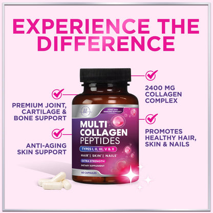 Multi Collagen Supplement 2400 mg - Types I, II, III, V & X Multi Collagen Peptides Pills for Women & Men, Hydrolyzed Collagen Supplements, Hair, Skin, Nail, & Joint Support Supplement, 60 Capsules Hello Lovely!Buy Supplements Australia