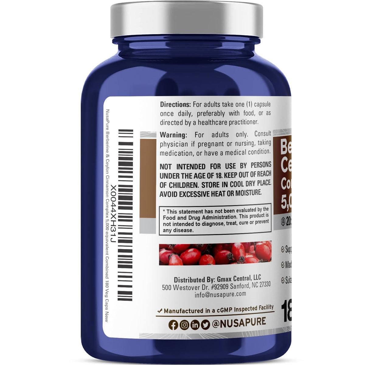 NusaPure Berberine with Ceylon Cinnamon 20:1 Extract, 250 mg Equivalent to 5000mg 180 Veggie Capsules, Vegetarian, Non-GMO Supplement, (Berberine Complex) NusaPureBuy Supplements Australia
