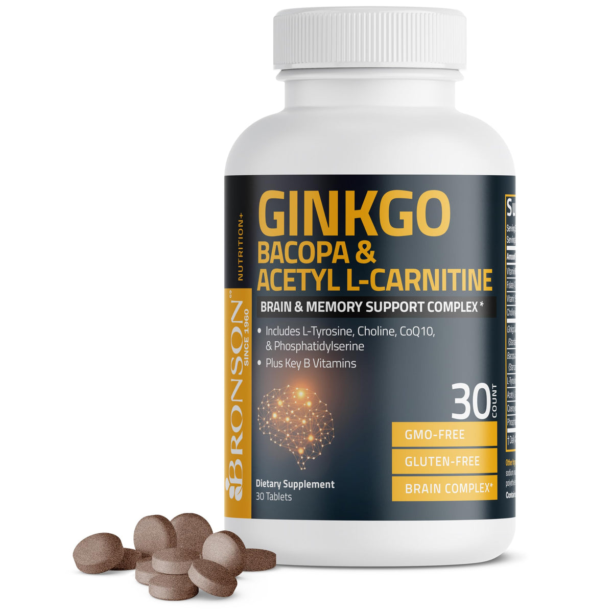 Bronson Ginkgo, Bacopa & Acetyl L-Carnitine Brain & Memory Support Complex with L-Tyrosine, Choline, CoQ10 & Phosphatidylserine Plus Key B Vitamins Non-GMO, 30 Tablets BronsonBuy Supplements Australia