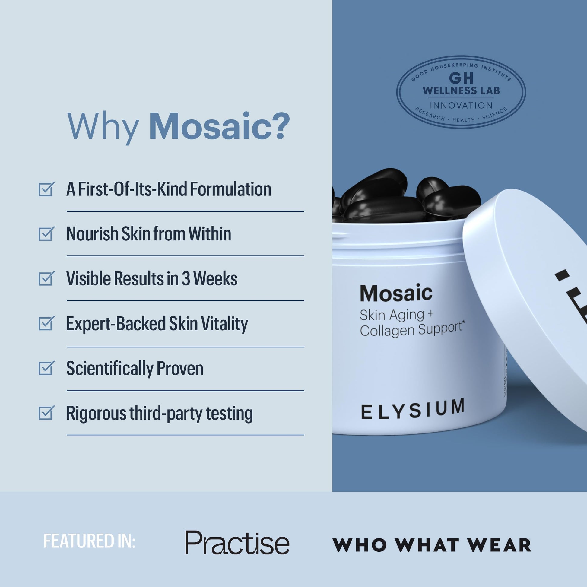 ELYSIUM Mosaic - Hyaluronic Acid Supplement - Clinically Proven - Fights Fine Lines & Skin Aging - Collagen Supplement - 30-Day Supply (Vegan Softgels) ELYSIUMBuy Supplements Australia