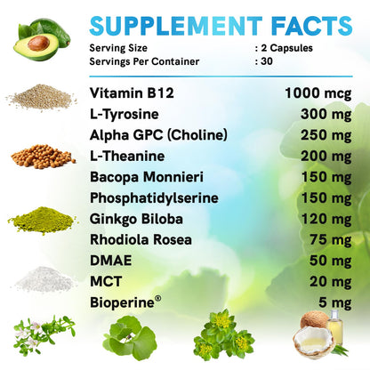 12-in-1 Nootropic Brain Supplement Anhydrous: Ginkgo Biloba for Brain Support, Memory and Focus - B12, Alpha GPC, L Theanine and Choline Supplements with Bioperine non Caffeinated 1321mg (120ct) MEDCHOICEBuy Supplements Australia