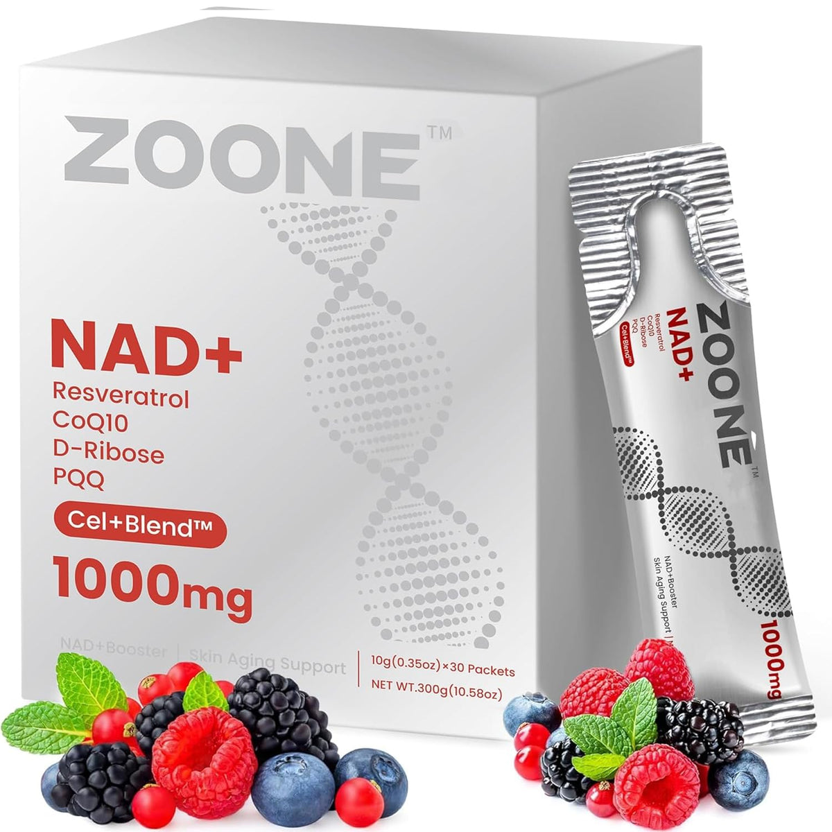 ZOONE NAD+ supplement packaging with berries on a white background